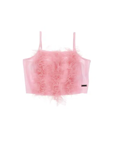 Monnalisa Kids'   Cotton Top With Tulle Ruffles In Rosa Fairy Tale
