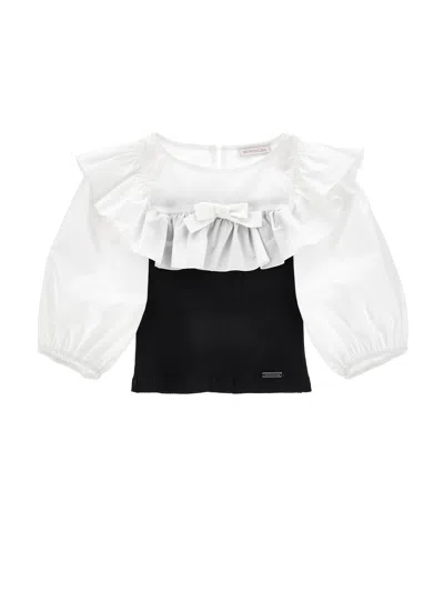 Monnalisa Kids'   Cotton Top With Viscose In White + Black