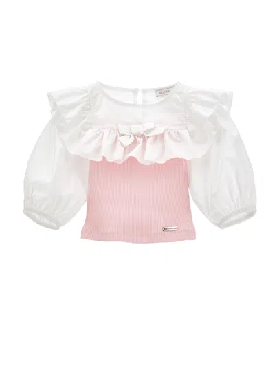 Monnalisa Kids'   Cotton Top With Viscose In White + Rosa Fairytale