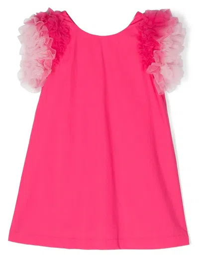 Monnalisa Kids' Cotton Tulle-sleeve Dress In Bright Peach Pink