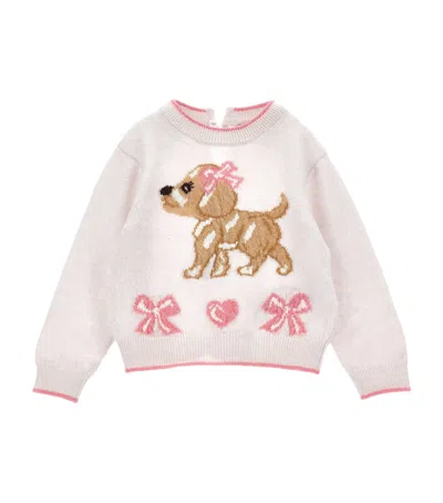 Monnalisa Kids' Cotton-wool Intarsia Dog Sweater In Neutral