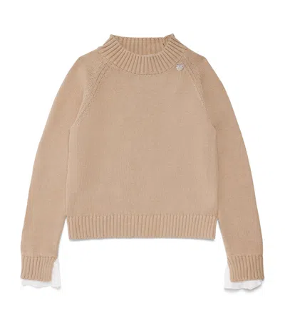 Monnalisa Kids'  Cotton-wool Ruffle-sleeve Jumper In Beige