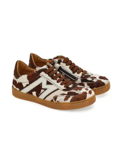 Monnalisa Kids' Cow-print Lace-up Sneakers In Brown