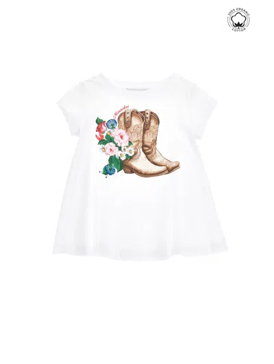 Monnalisa Kids'   Cowboy Boot Print Maxi T-shirt In White