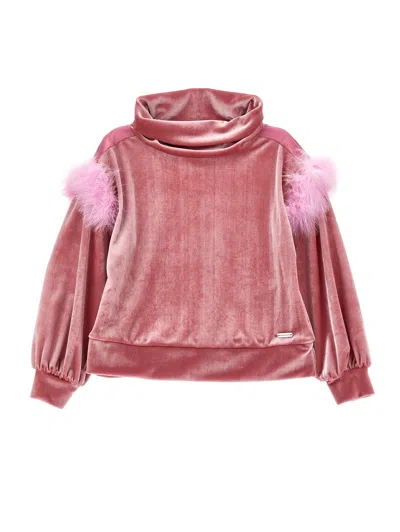 Monnalisa Kids'   Cowl-neck Sweatshirt With Feathers In Blush Pink