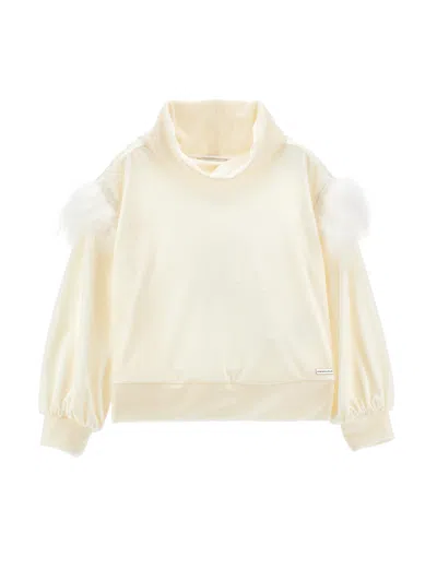 Monnalisa Kids'   Cowl-neck Sweatshirt With Feathers In Cream