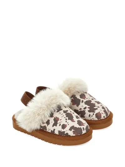 Monnalisa Kids' Cow-print Faux-fur Slippers In Neutral