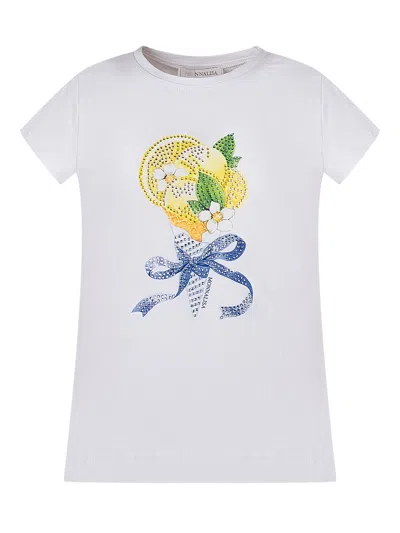 Monnalisa Creative Mini T-shirt With Unique Print In Bianco