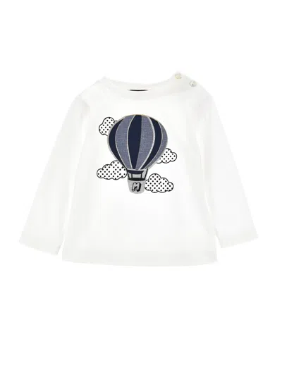 Monnalisa Kids'   Crewneck T-shirt With Hot Air Balloon In Cream