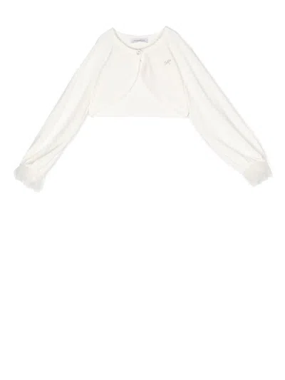 Monnalisa Kids' Cropped Embellished Tulle-cuff Cardigan In White