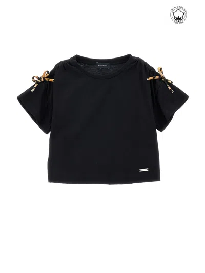 Monnalisa Kids'   Cropped Organic Cotton T-shirt In Black