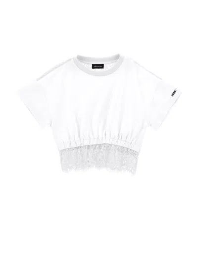 Monnalisa Kids'   Cropped T-shirt With Lace In White