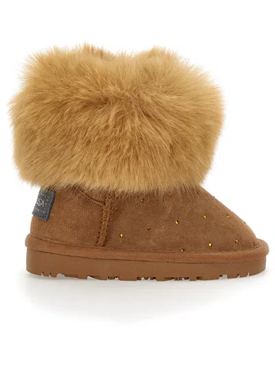 Monnalisa Kids'   Crusted Leather Boots With Rhinestones In Dark Brown