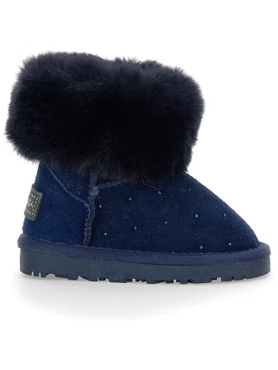 Monnalisa Kids'   Crusted Leather Boots With Rhinestones In Navy Blue