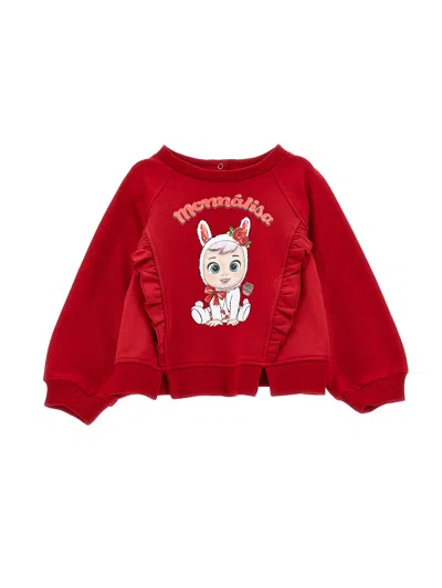 Monnalisa Kids'   Cry Babies Sweatshirt With Ruffles In Ruby Red