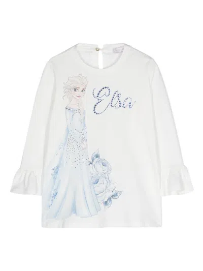 Monnalisa Kids' Crystal-embellished Cartoon-print T-shirt In Cream