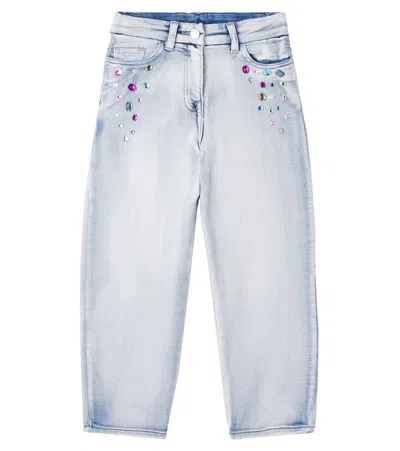 Monnalisa Kids' Crystal-embellished Wide-leg Jeans In Blue