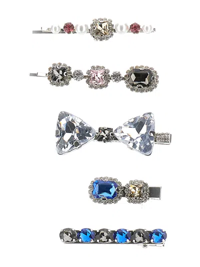 Monnalisa Crystal Hair Clip Set In Navy Blue + Cyclamen