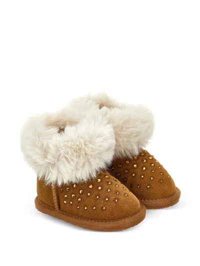 Monnalisa Babies' Crystal-embellished Faux-fur-trim Boots In Brown