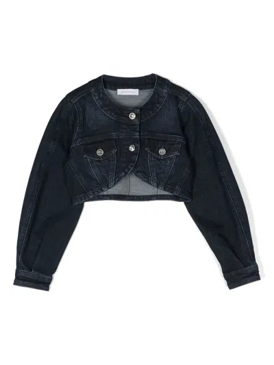 Monnalisa Kids' Curved-hem Cropped Denim Jacket In Dark Stone Denim