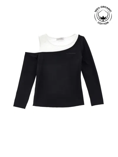 Monnalisa Kids'   Cut-out Organic Cotton T-shirt In Black + Cream