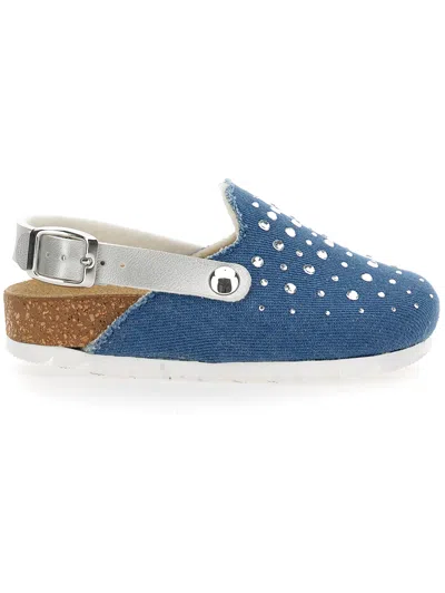 Monnalisa Kids'   Denim Clogs With Rhinestones In Blue Stone + Silver