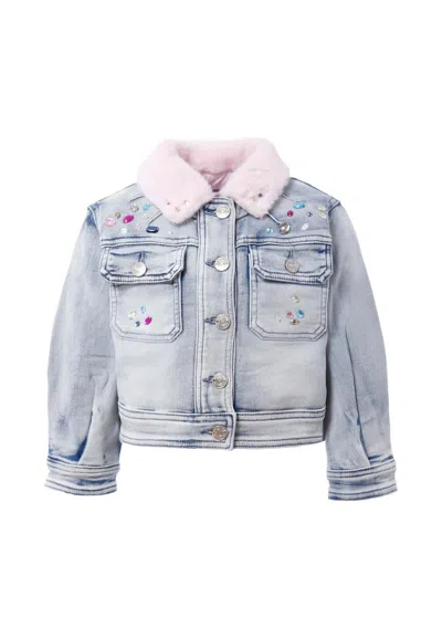 Monnalisa Kids' Denim Jacket For Girl With Stitch In Blue