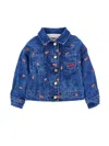 Monnalisa Denim Jacket With Plush In Denim Blue + Pink