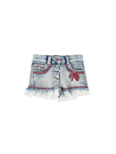 Monnalisa Babies' Jeansshorts Mit Stickerei Und Spitze In Stone Bleach