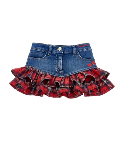MONNALISA DENIM TARTAN-RUFFLE MINI SKIRT