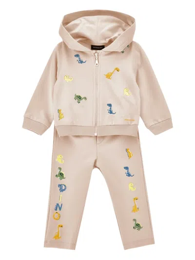 Monnalisa Babies' Dinosaur-embroidery Hooded Tracksuit Set In Neutral