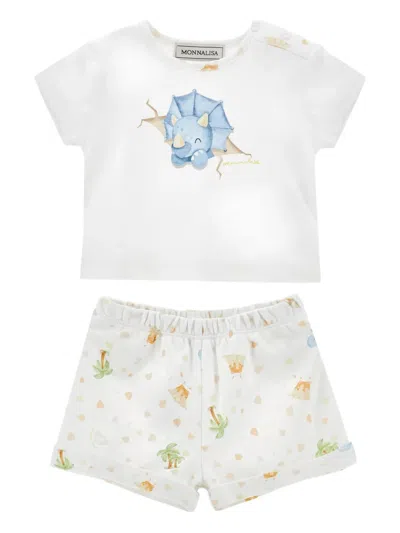 Monnalisa Babies' Dinosaur-print Shorts Set In White