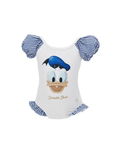 Monnalisa Kids' Printed One Piece Swimsuit W/ruffles In White + Blue