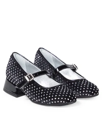 Monnalisa Kids' Dorothy Embellished Velvet Ballet Flats In Black
