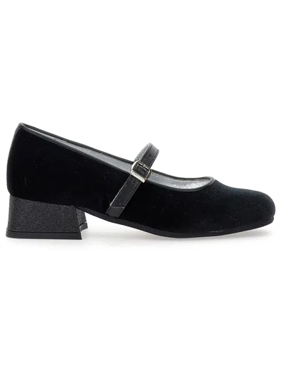 Monnalisa Kids' Dorothy Glitter-trimmed Velvet Mary Jane Flats In Black