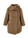 Monnalisa Double-breasted Flower Coat In Brown