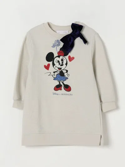 Monnalisa Kids' White Crewneck With Bow Detail On The Front And Print On The Front In Cotton Blend Girl In Neutral