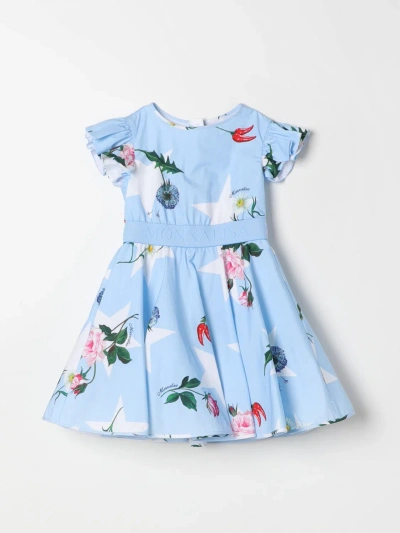 Monnalisa Kids' Blue Dress With Branded Band And Floreal Print In Cotton Girl In Sky Blue