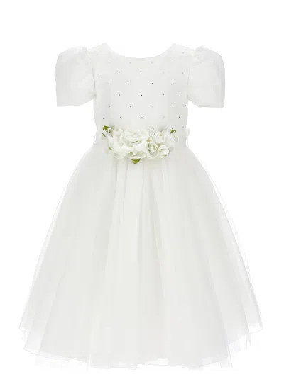 Monnalisa Kids'   Duchesse Satin And Glitter Tulle Dress In Cream