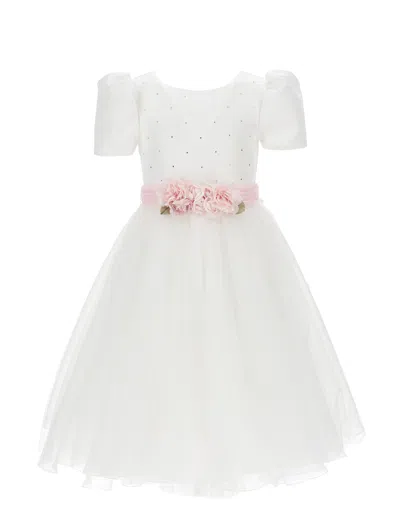 Monnalisa Kids'   Duchesse Satin And Glitter Tulle Dress In Cream + Pink