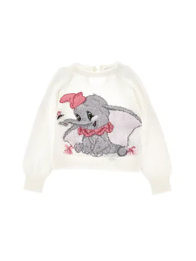 Monnalisa Kids'   Dumbo Inlay Merino Wool Sweater In Cream