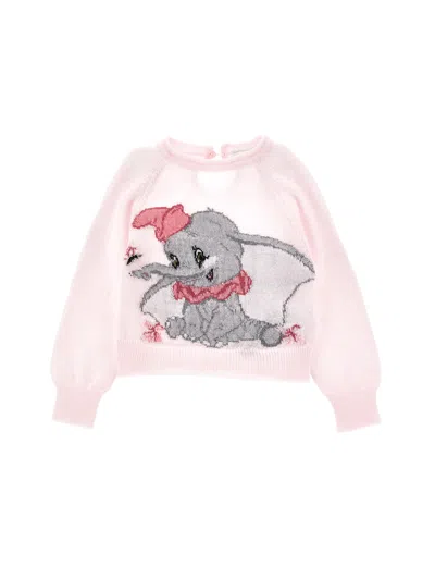 Monnalisa Kids'   Dumbo Inlay Merino Wool Sweater In Rosa Fairy Tale