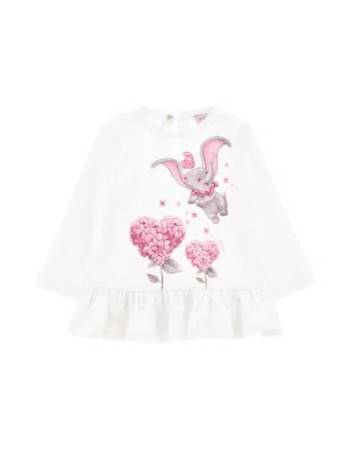 Monnalisa Kids'   Dumbo Rhinestone Long Cotton T-shirt In Cream