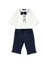 Monnalisa Elegant Cotton Set In Cream + Navy Blue
