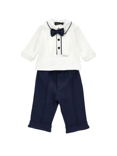 Monnalisa Elegant Cotton Set In Cream + Navy Blue