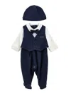 Monnalisa Elegant Playsuit Set With Bonnet And Bow Tie In Cream + Navy Blue