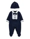 Monnalisa Elegant Playsuit With Bow Tie In Blue + Cream