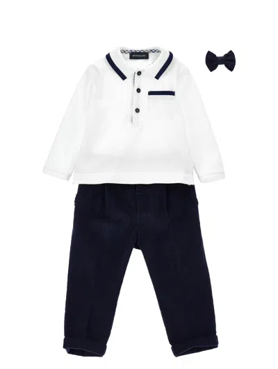 Monnalisa Kids'   Elegant Suit With Pocket Square And Bow Tie In Cream + Navy Blue