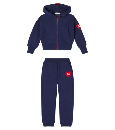 Monnalisa Kids' Embellished Cotton-blend Hoodie And Sweatpants Set In Blue