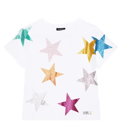 Monnalisa Kids' Glittered Stars Cotton Jersey T-shirt In White,multi